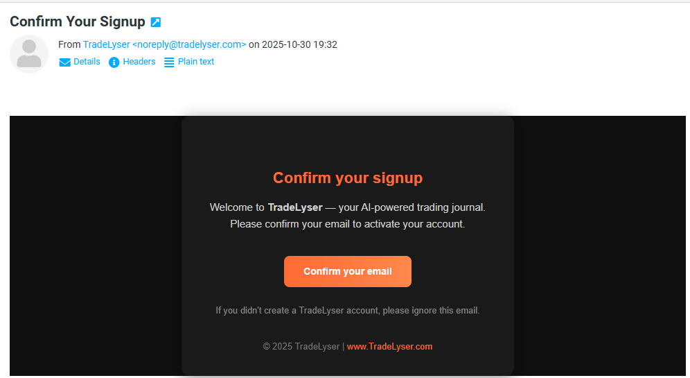 Screenshot: Email verification message