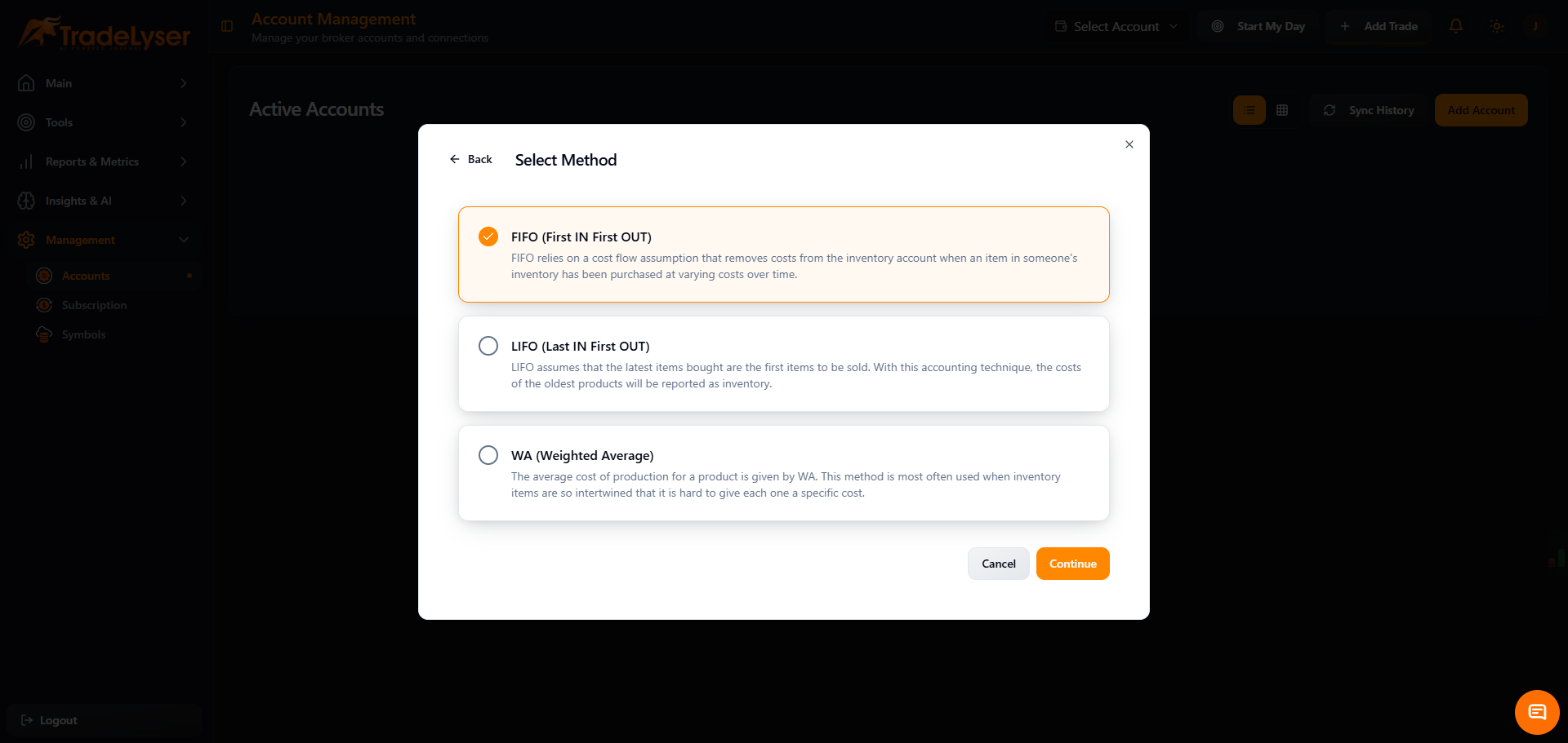 Screenshot: Calculation method selection