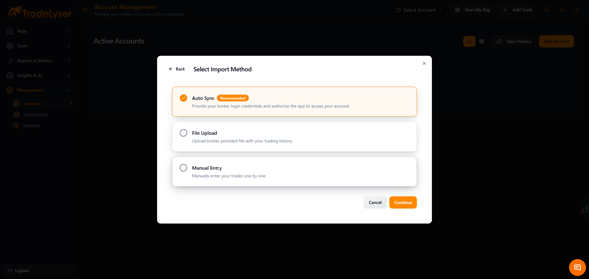 Screenshot: Connection mode selection