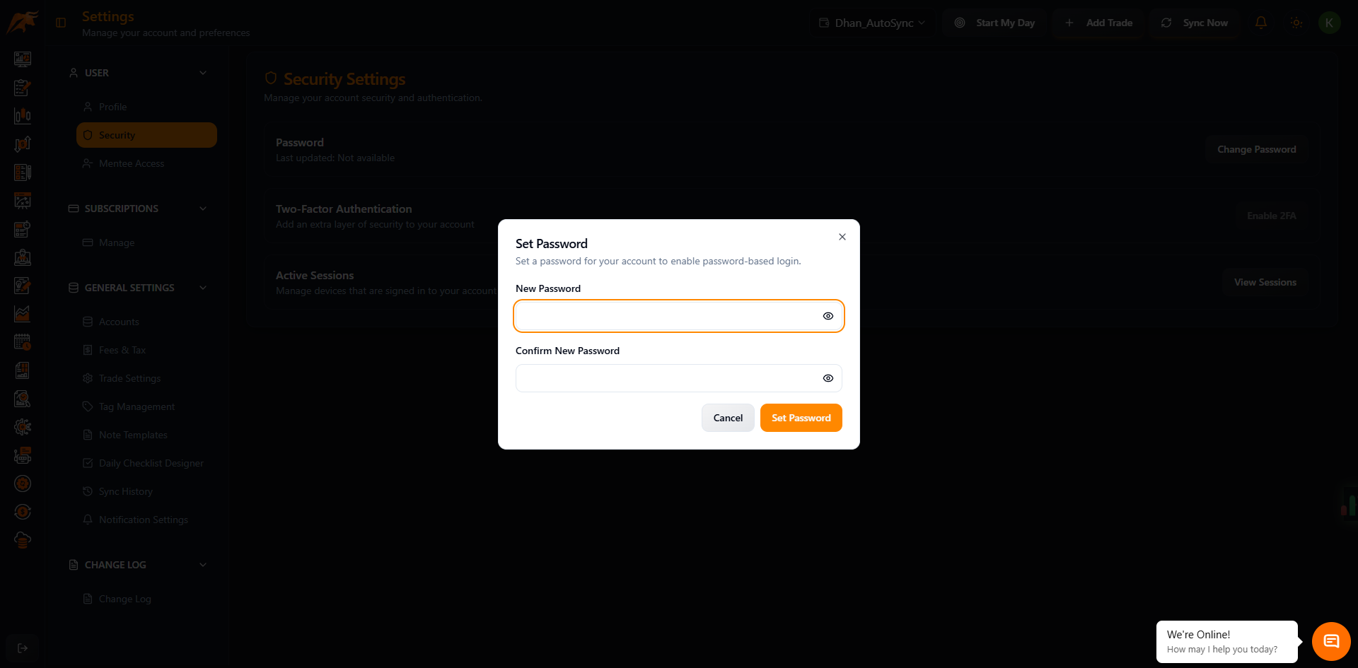 Screenshot: Change password section