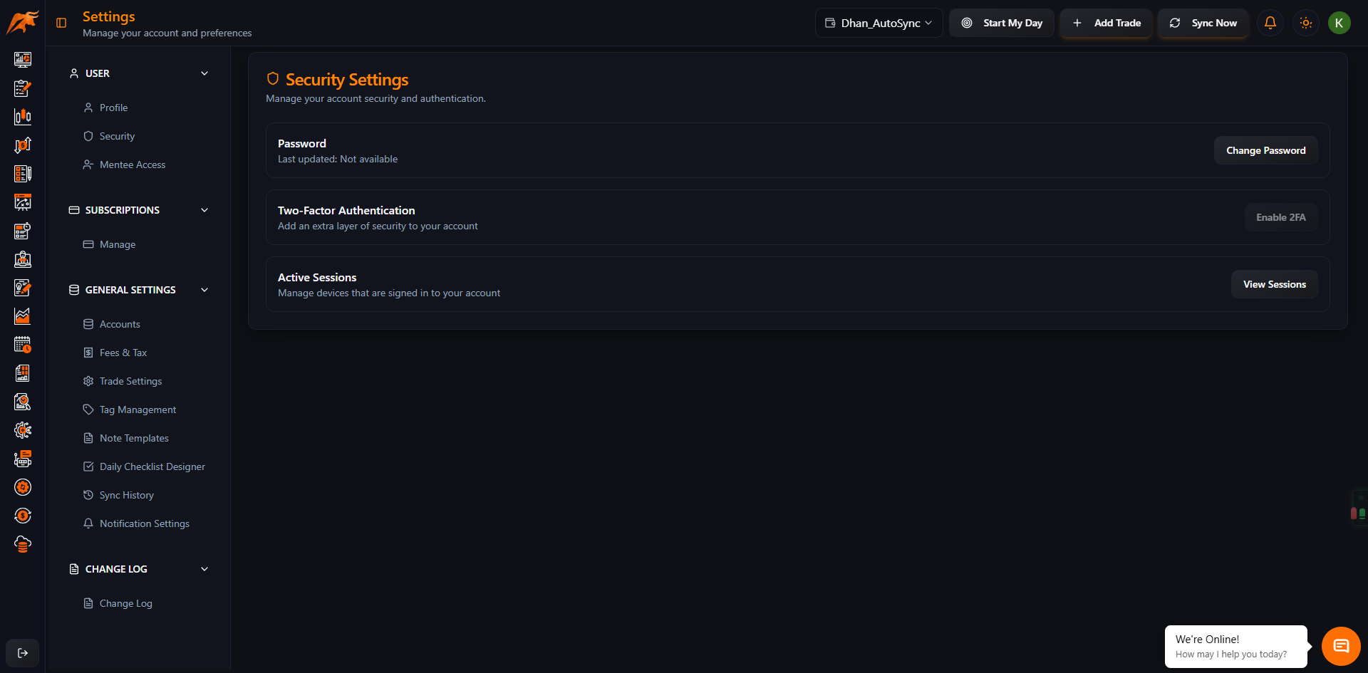 Screenshot: Active sessions in security settings