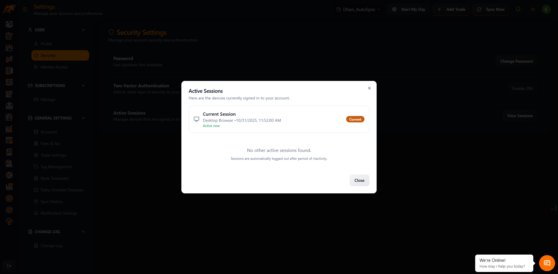 Screenshot: Session list with details