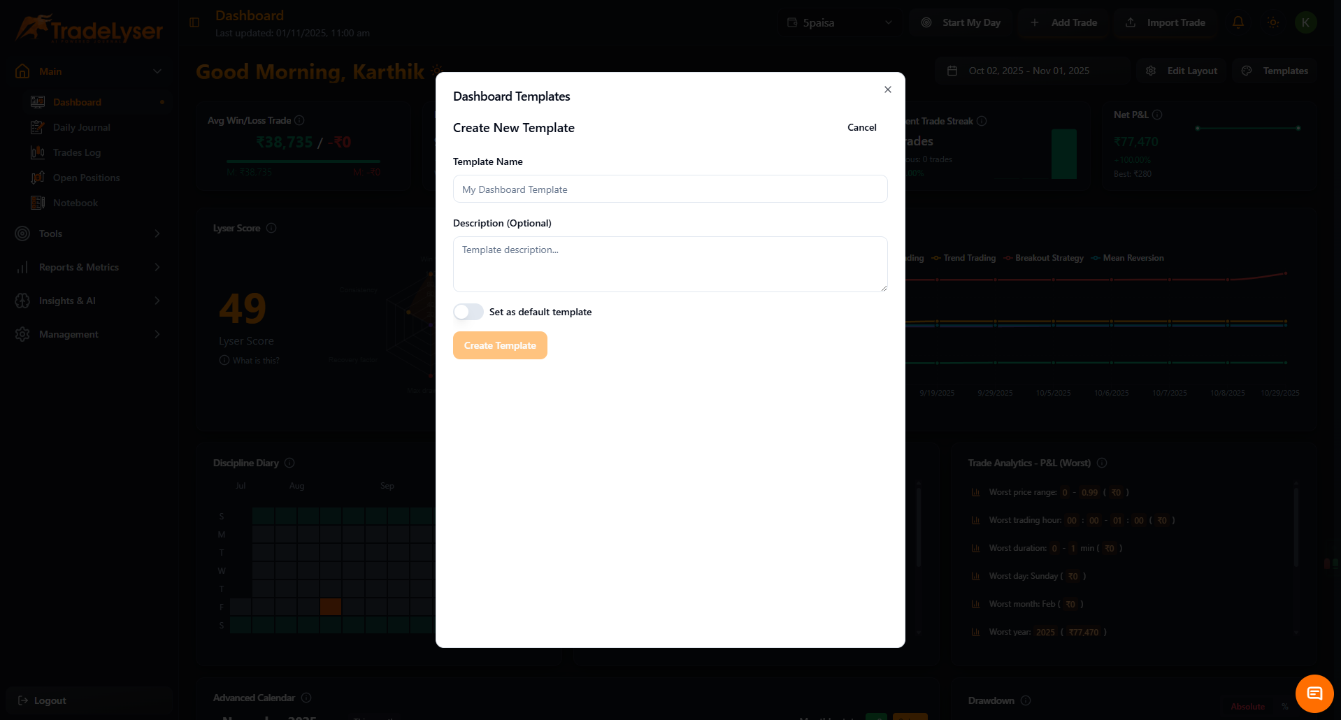 Screenshot: Create template dialog