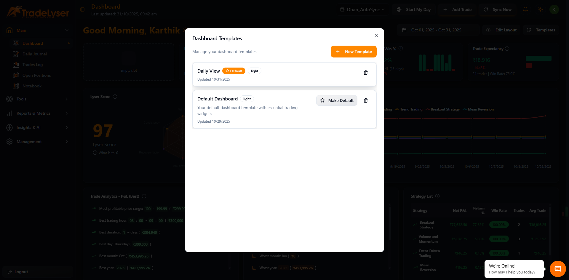 Screenshot: Template dropdown menu