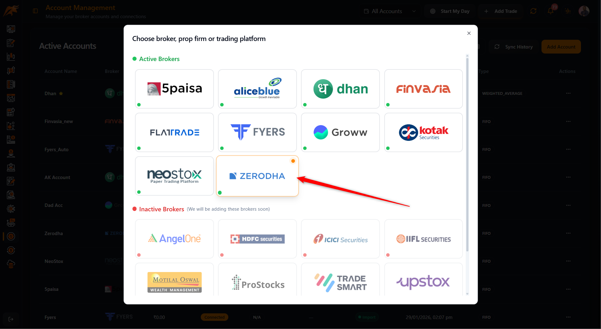 Screenshot: Zerodha broker selection