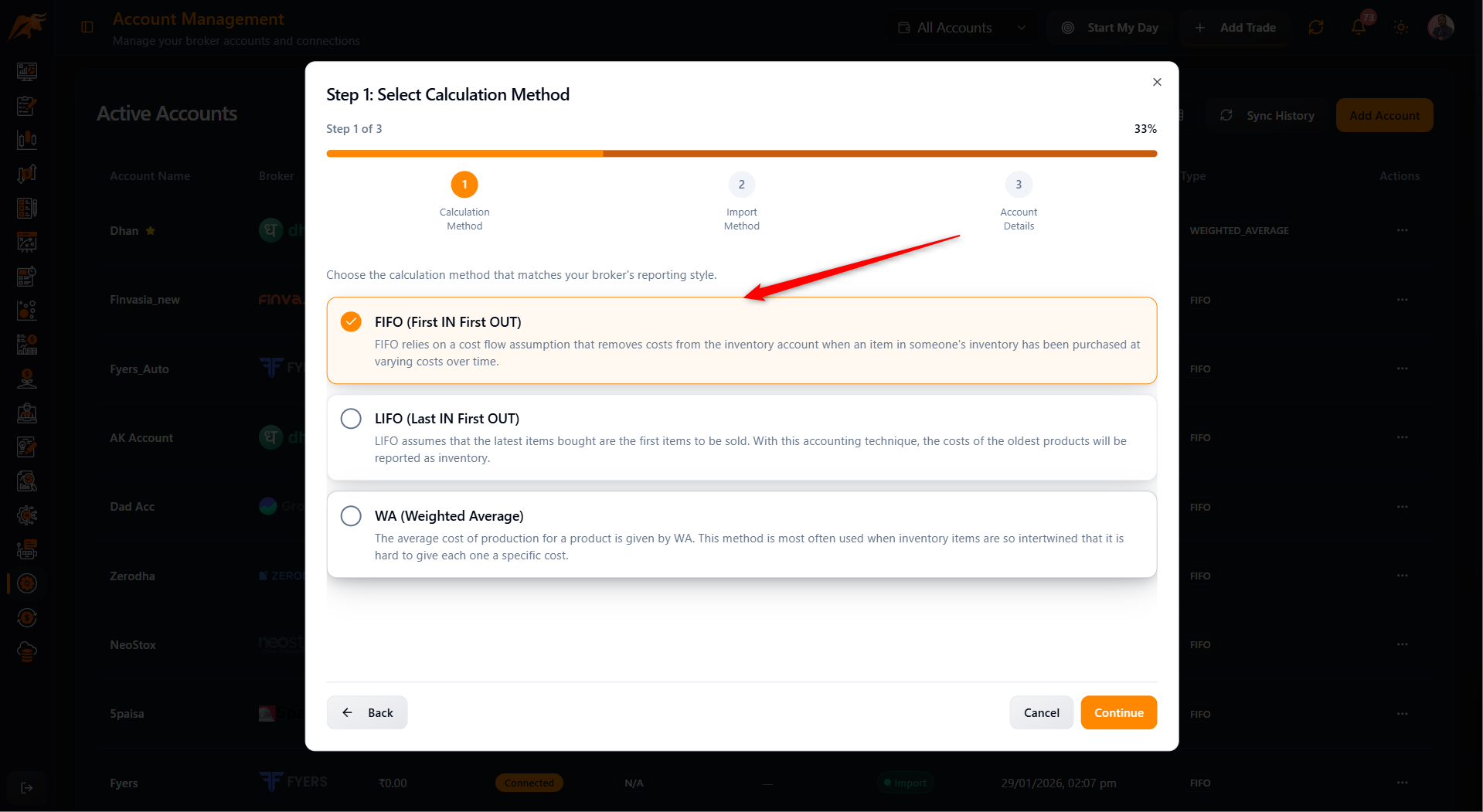 Screenshot: Calculation method