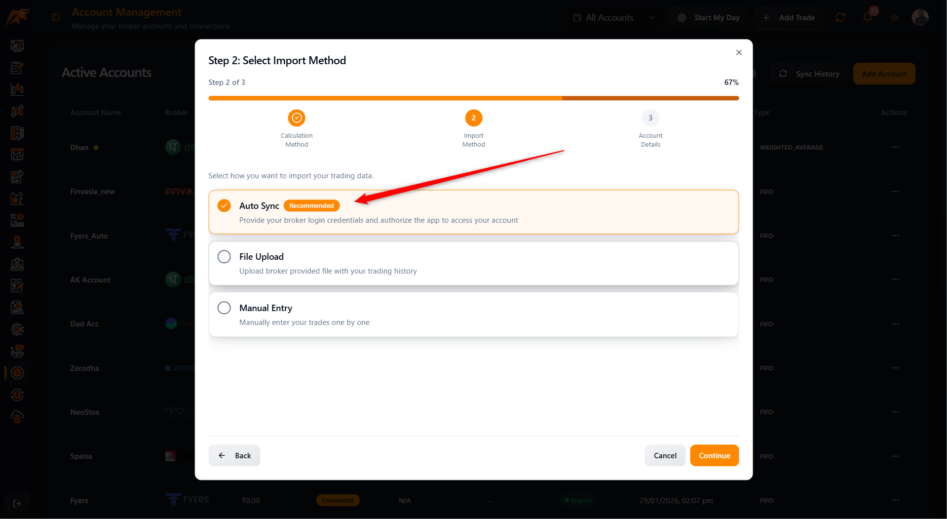 Screenshot: Auto sync selected