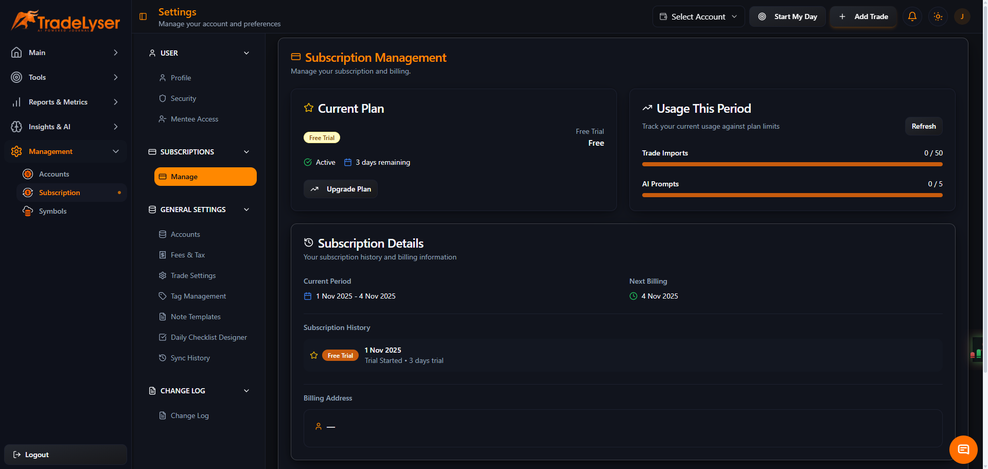Screenshot: Subscription page showing trial status